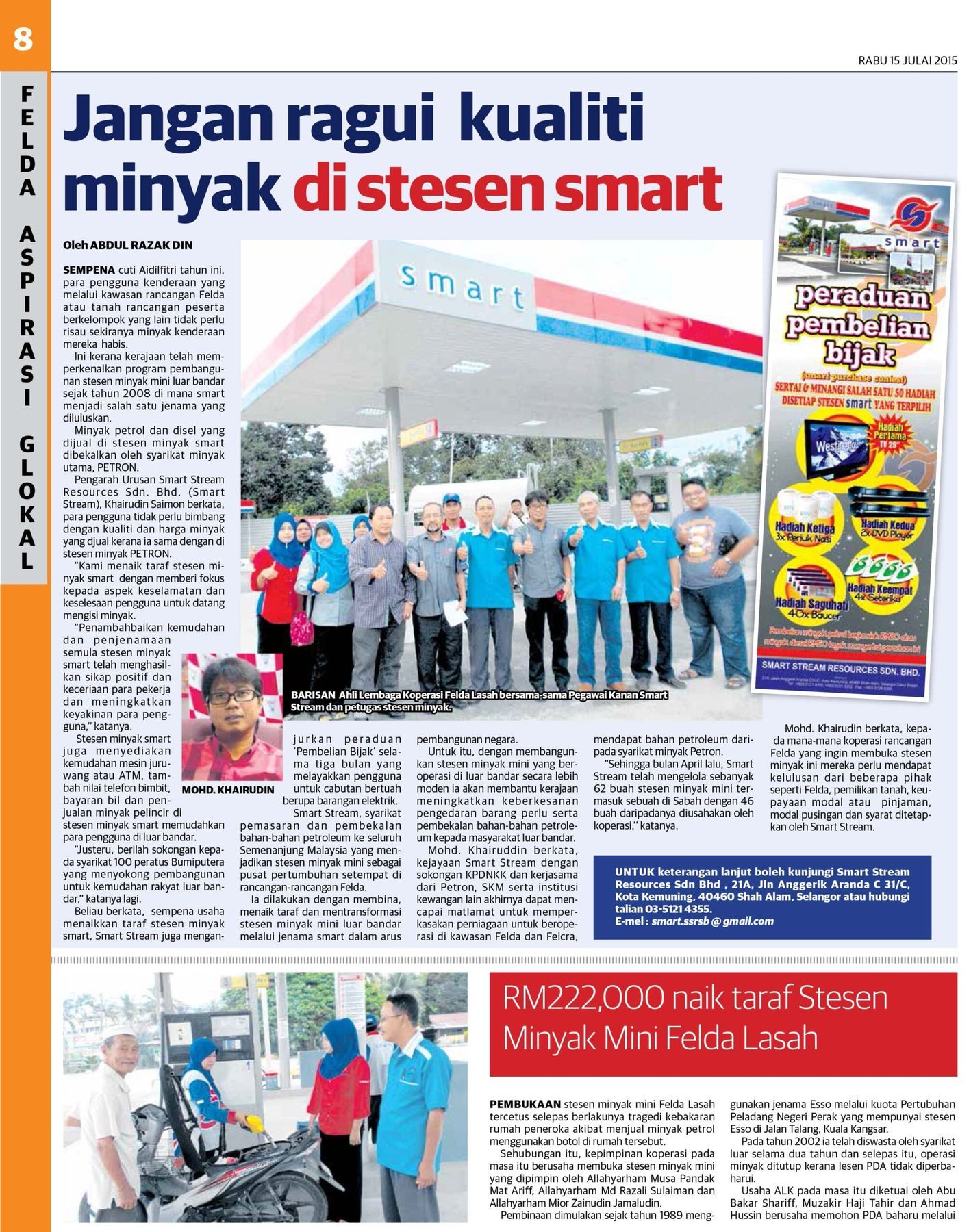 Jangan Ragui Kualiti Minyak di Stesen Smart - Aspirasi Glokal (Felda) 15 Julai 2015