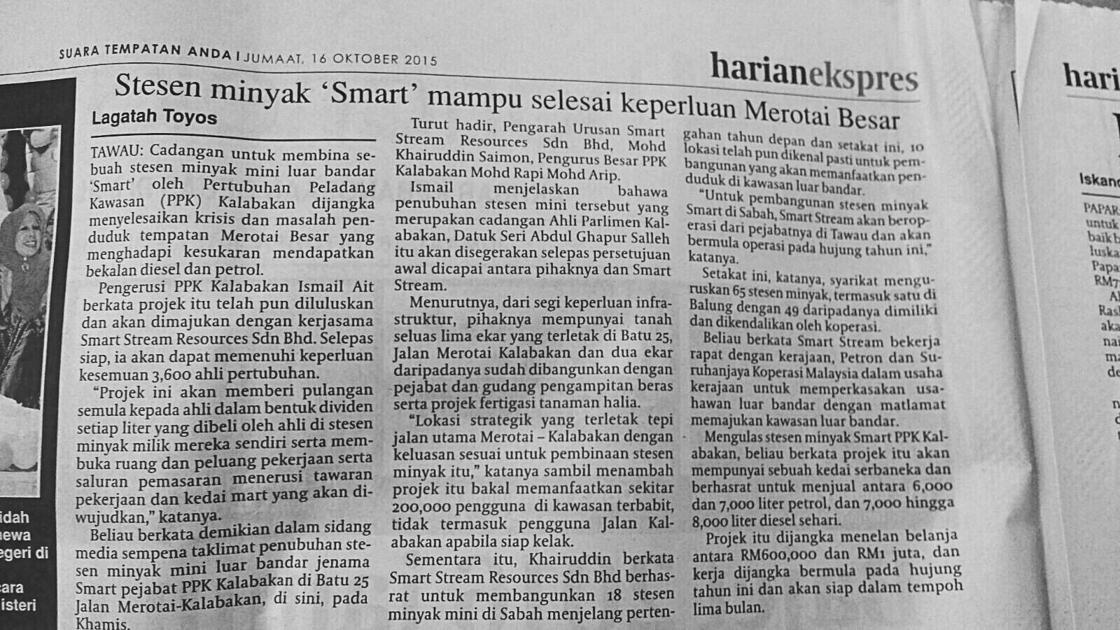 Stesen Minyak 'Smart' Mampu Selesai Keperluan Merotai Besar - Harian Ekspres 16 Oktober 2015