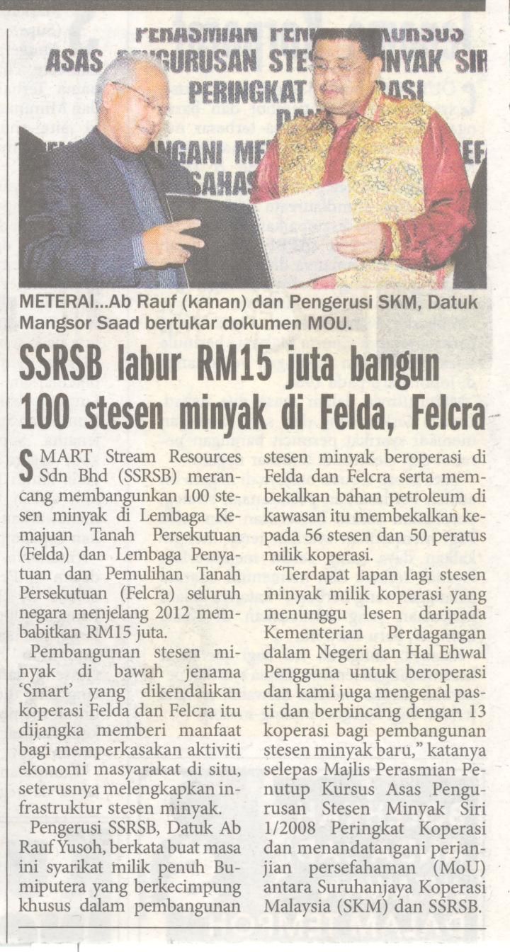 SSRSB Labur RM15 Juta Bangun 100 Stesen Minyak di Felda, Felcra - Harian Metro 3 Julai 2008